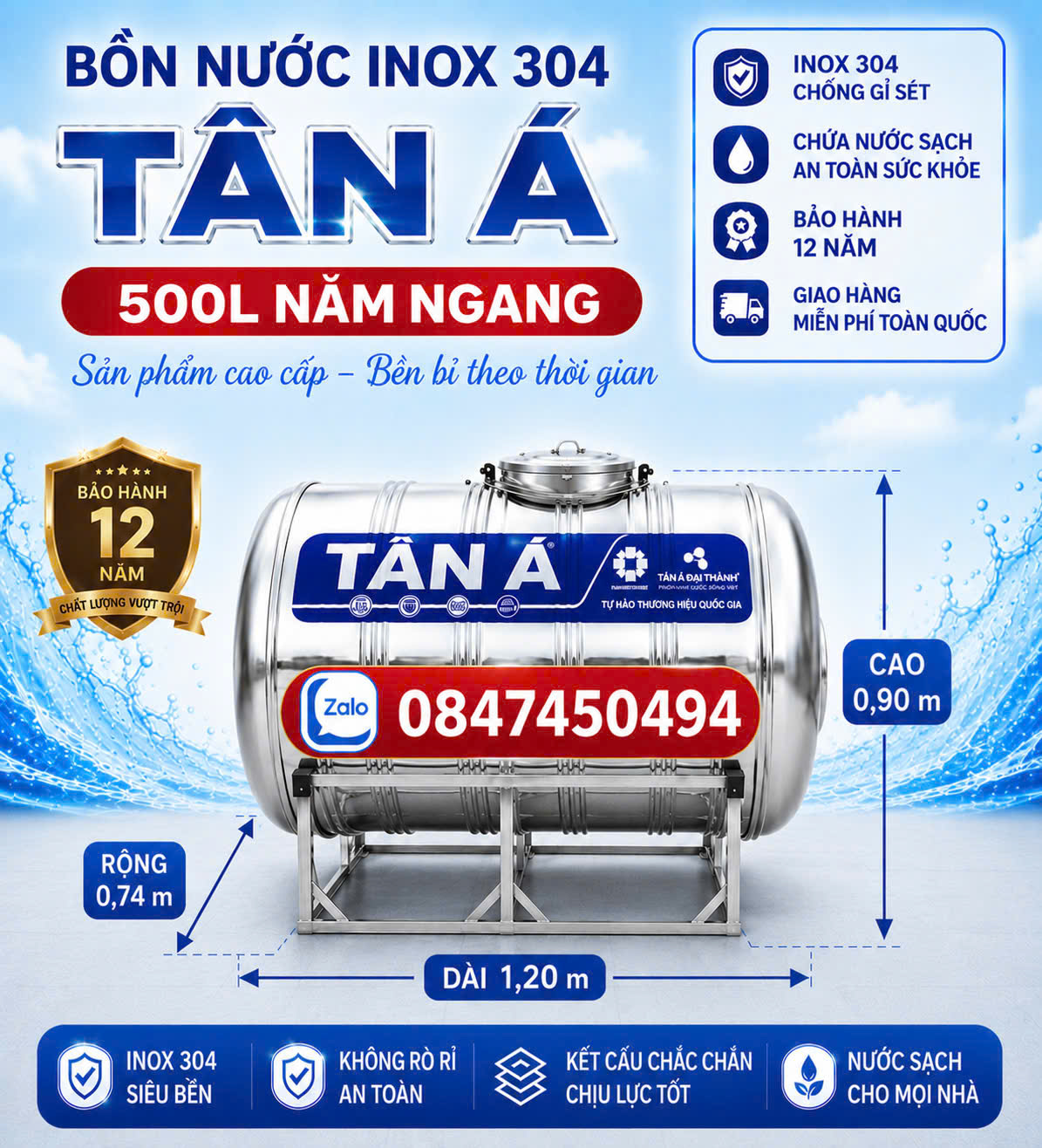 Téc inox 500L ngang inox 304 Tân Á Đại Thành chính hãng bảo hành 12 năm giao miễn phí Toàn Quốc
